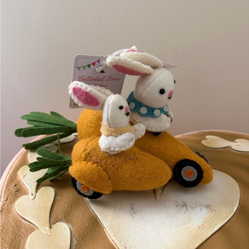 Cottontail Lane Felt Easter Bunny Rabbits in Carrot Cars